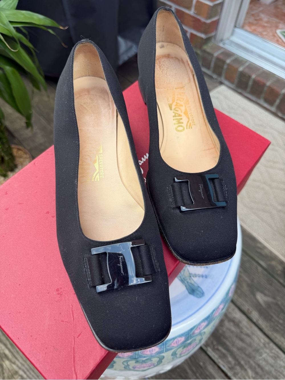 Salvatore Ferragamo Black Square-Toe Flats with Patent Logo Buckle *Size 38/8 - Picture 3 of 8